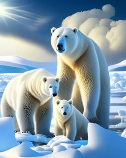 Oso polar con sus cachorros en la nieve cuerpo completo obra de arte pop colores contrastantes nítido impactante hiperdetallado sombras 3D hiperrealista coherente clima soleado nubes iluminación cinematografica 8k