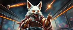 master oil painting by Rembrandt, scary ai sami white fox gremlin woman captain on space bus through space neon comet shower , motion blur background, goa trance poster