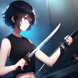 Clear focus,High resolution, black short fluffy hair, long fluffy bangs, and dark blue eyes, Depressed girl, wearing a black short shirt with a black sleeveless crop top, dark aura, controlling water, in a black room, holding a katana