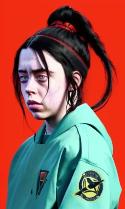 Billie Eilish, ying in the bathroom, ((covering his chest)), photorealistic illustration