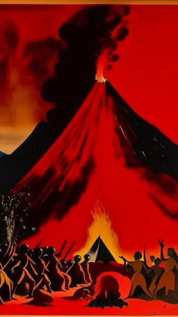 A red pyroclastic volcano spewing fire designed in African masks painted by Lyonel Charles Feininger