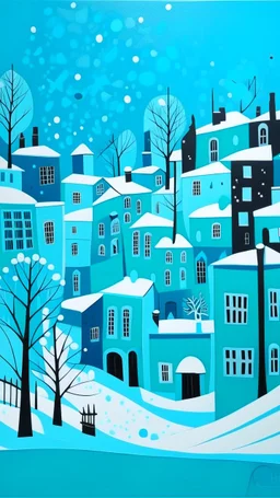 A cyan city in winter season with falling snowflakes painted by Stuart Davis