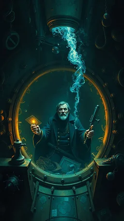 Captain Nemo controls inside a dark submarine in a delusional state , paint it in the baroque style, as if the man is horrified