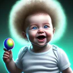 a smiling human baby called tobias leander with curly hair, playing with toys, photo realistic spray painting