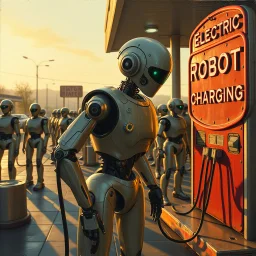 A cinematic wide-angle oil painting of a humanoid robot plugging a thick electric charging cable into its torso port at a futuristic charging station within a retro-style gas station. A long line of identical humanoid robots stands patiently behind, waiting for their turn to recharge. A large vintage-style sign to the side reads 'Electric Robot Charging Station.' The scene is bathed in golden-hour lighting, with rich, noisy colors, expressive thick brushstrokes, intricate steampunk elements, glo
