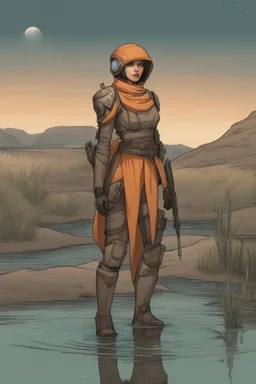 [Herbert's Dune] A woman in scifi outfit around a pond