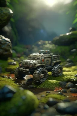 portrait of rock vehicle in front of rock rocket on bumpy road in moist swamp planet , photo-realistic, shot on Hasselblad h6d-400c, zeiss prime lens, bokeh like f/0.8, tilt-shift lens 8k, high detail, smooth render, down-light, unreal eng