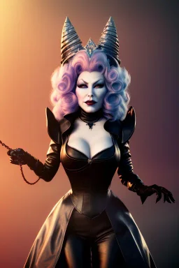 Mae West as evil queen in black leather, leather, busty, cleavage, angry, stern look. character design by cory loftis, fenghua zhong, ryohei hase, ismail inceoglu and ruan jia. unreal engine 5, artistic lighting, highly detailed, photorealistic, fantasy