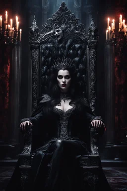 Photography Horror Art of The majestic Dark Vampire Queen sits on his throne, in darkness palace background , close-up portrait