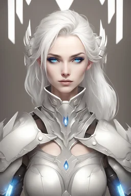 beautiful female , white hair, wearing high tech armor corset, bare shoulder, blue eyes, noble style hair, armor white color