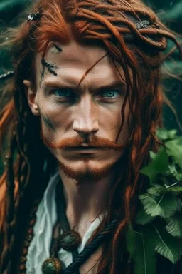 wet pirate nereid male with auburn hair and seaweed braid