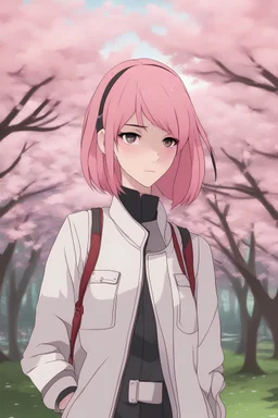 Girl with pink hair, Sakura trees in background, RWBY animation style