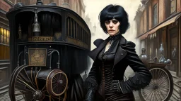 body portrait of a gothic woman with a black bob with a full fringe hairstyle, dressed in brown leather trousers, waistcoat, and gloves, in a Victorian street next to a steam carriage, full colour