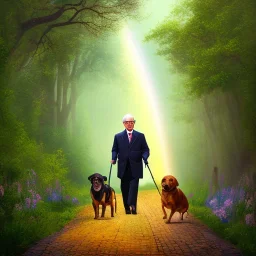 old man with glasses, with dog, walking on the rainbow bridge