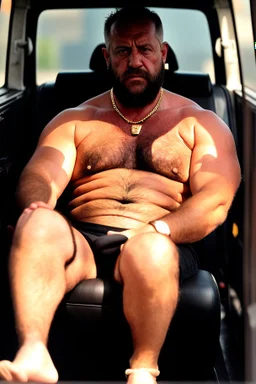 full body shot photography of an Italian sicilian taxi driver burly ugly sitting in the taxi, chubby tired 55 years old driving shirtless, bullneck, thin gold chains, short beard, sweat, short hair, bulge, robust, manly chest, looking down, big shoulders,, photorealistic, side light, ambient occlusion, tired eyes. 35mm lens, internal view inside the Taxi