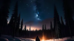 a beautiful big sky on a clear starry night over a snowy winter forest, a peaceful-looking human in the lower corner of the image meditating in front of a campfire