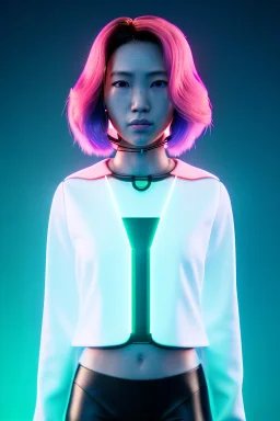 Medium shot body portrait, Asian cyborg woman :: symmetry photography, cyberpunk, pink hair, makeup, long line eye, light iris, :: latex coat, wires and circuits, pink, white, black :: cinematic, Ultra realistic, dark scene, soft color, highly detailed, unreal engine 5, RTX, ultra detail, 3d, finely drawn, high definition.