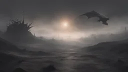 an apocalyptic flat landscape covered in dark gray dust. dead sun. zombie dragon. dark grey mist. seen from the ground. fantasy, horror. no trees