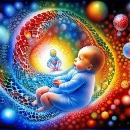 Quantum Serenity: A watercolor depiction of the conception of a baby, illustrating the interplay of microscopic quantum particles and DNA at the molecular level, embodying calmness in action.”