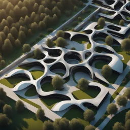 Residential complex of cabins, Zaha Hadid style, aerial view, ultra quality, hyper-detailed, digital art, 8k 3D, trees, parking lots