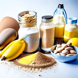 Ingredients for a proteinshake. Eggs, bananas, protein powder, nuts, studio view,