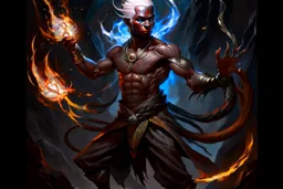 Thin young male Drow wizard wearing a loin cloth, casting a fire spell, cute dark-elf boy with white hair blowing in the wind, glowing tattoos on black skin, strained muscles, impressive wide stance, cave setting with bioluminescent spiders in background, white eyes, fierce grimace, accurate anatomy, hyper realistic, vivid colours,