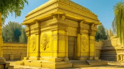 A light greenish yellow temple with a sun symbol designed in ancient Egyptian architectures and sculptures