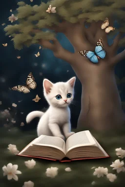 an open book kittens, butterfly background, fantasy tree