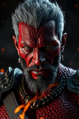 Morgan Freeman, red skin, scales, unreal engine 6, high detail, intricate, cinematic. photoshoot style, intricate, studio lighting, masterpiece , highly detailed, 8k, best quality, fire, smoke, dramatic,d,<lora:mshn:0.7>,<lyco:Warrior_Couture:0.5>,