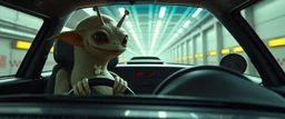 car driving happy 2d anime fluffy slimy slug alien sloth gremlin woman in the style of Escher and Giger and Fallout 4, pinhole cam, airbrush 3d rendering, on tv screen:A five-second cinematic single take in a clean industrial presentation hall.