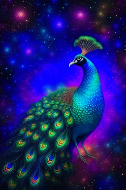 "Create a mesmerizing digital artwork that combines the ethereal beauty of a starlit galaxy with the intricate patterns and vibrant colors found in a peacock's plumage. Infuse a sense of cosmic wonder and regal elegance into the composition, allowing the viewer to be transported to a realm where celestial and earthly aesthetics harmoniously converge."