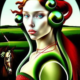 portrait of a beautiful busty Black Widow with green eyes riding a horse by Sandro Botticelli style