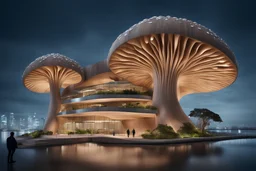 city,biophilic,wood,building,sea,night,coast,amorph building,futuristic,ispiration mushroom,organic