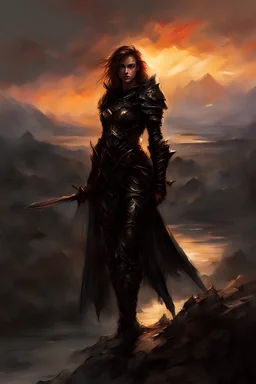 A formidable warrior girl in black armor, on the background Amazing gloomy landscape, flooded with sunset, mountains, trees, fabulous scary hero, , juicy emotions, painting, dark fantasy, gloomy day, dark world, portrait, by James Paick & Anna Razumovskaya