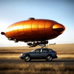 award winning photograph of a steampunk house-fly ufo genetic-spliced dirigible designed by only one vehicle per image painted metallic orange traveling at a high rate of speed, jet intake off of front center of vehicle and jet exhaust out the rear bilaterally symetrical, more a high speed road vehicle