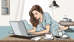 stockphoto about a woman a woman hiding under the bed and working on a laptop, she has half-length brown hair and wearing pajamas , pale light, half socks and a mug of coffee next to her, high detalied, sharp focus, high realistic photo, perfect shot