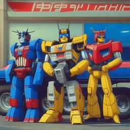 Optimus prime, bumblebee and ratchet at the 7eleven, ultra definition 4k sitcom style tv show. 1990