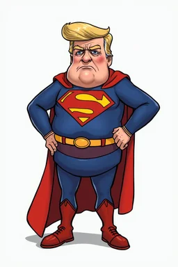 a thoroughly confused, frail, elderly and obese donald trump standing dressed as cartoon superman