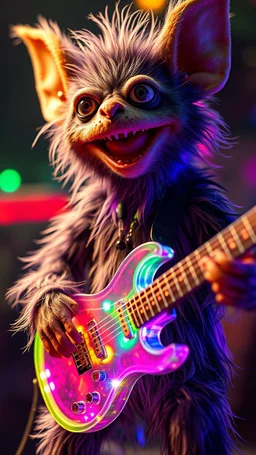 a psychedelic fuzzy muppet show gekko gremlin rock star with space laser transparent prismatic guitar in the style of Fallout 4 and Giger, bokeh like f/0.8, tilt-shift lens 8k, high detail, smooth render, down-light, unreal engine, prize winning