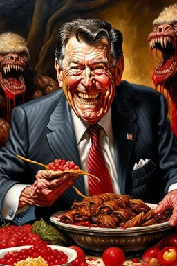 President Ronald Reagan painted as SATAN eating jellybeans with a pitchfork killing small poor people