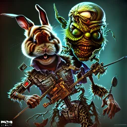 Bug bunny personnage cartoon style zombie iron maiden joue guitare,yeux rouges injecté sang 4k détail ultra Fibonacci