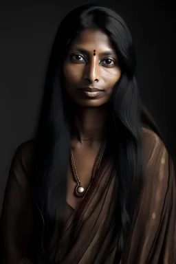 Indian women aged 32 with black long hair and brown skin with indian cloth