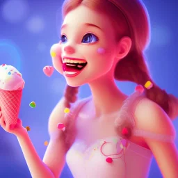 cute, adorable, smiling girl eating ice cream, candies flying all around her, Pixar, disnet, cinema lighting, gaming, 8k, magic, love --q 1 --v 4 mdjrny-v4