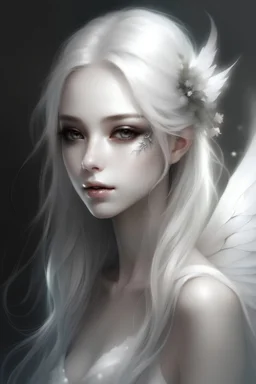 a small fairy with loose white hair down to her back and white eyes with a pair of white crystal wings