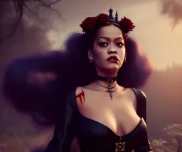 Rita ora, 1800s, witchcraft, long curly black hair, choker, pentagram, black rose, Victorian dress, headdress, blood, castle