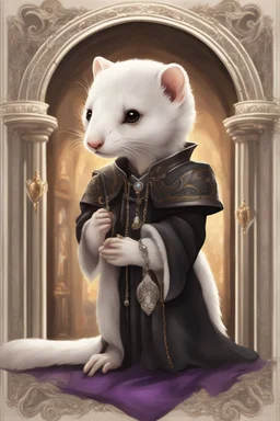 (anthropomorphic white ferret),dressed in ((cleric fantasy)) black clothes with silver holy ornaments, realistic anatomy, posing, cute face, fantasy inspire, bronze and brown color palette church on background, warm sunshine lighty from behind, gloomy atmosphere purple armband, The holy icon style, praying pose, closeв eyes:2.5