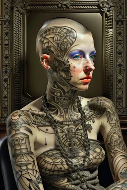 MJ Prompt: a bald white girl with facial tattoos sitting in front of something metal, facial tattoos, in the style of surrealist automatons, peter lippmann, mechanical designs, symmetrical arrangement, kadir nelson, olivier valsecchi, intricate still lifes --ar 4:5