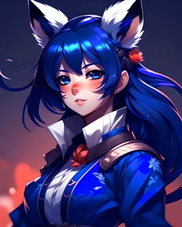 Kitsune, girl, dark blue hair and ears, fluffy, highly detailed, samurai armor, RWBY animation style