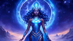 Full body portrait of a peaceful smiling guardian Goddess of the galaxies with a blue indigo purple skin, high skul, luminous eyes