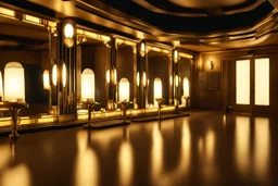 Inside an Art Deco cinema with mirrors and brass sconces, incandescent, gleaming